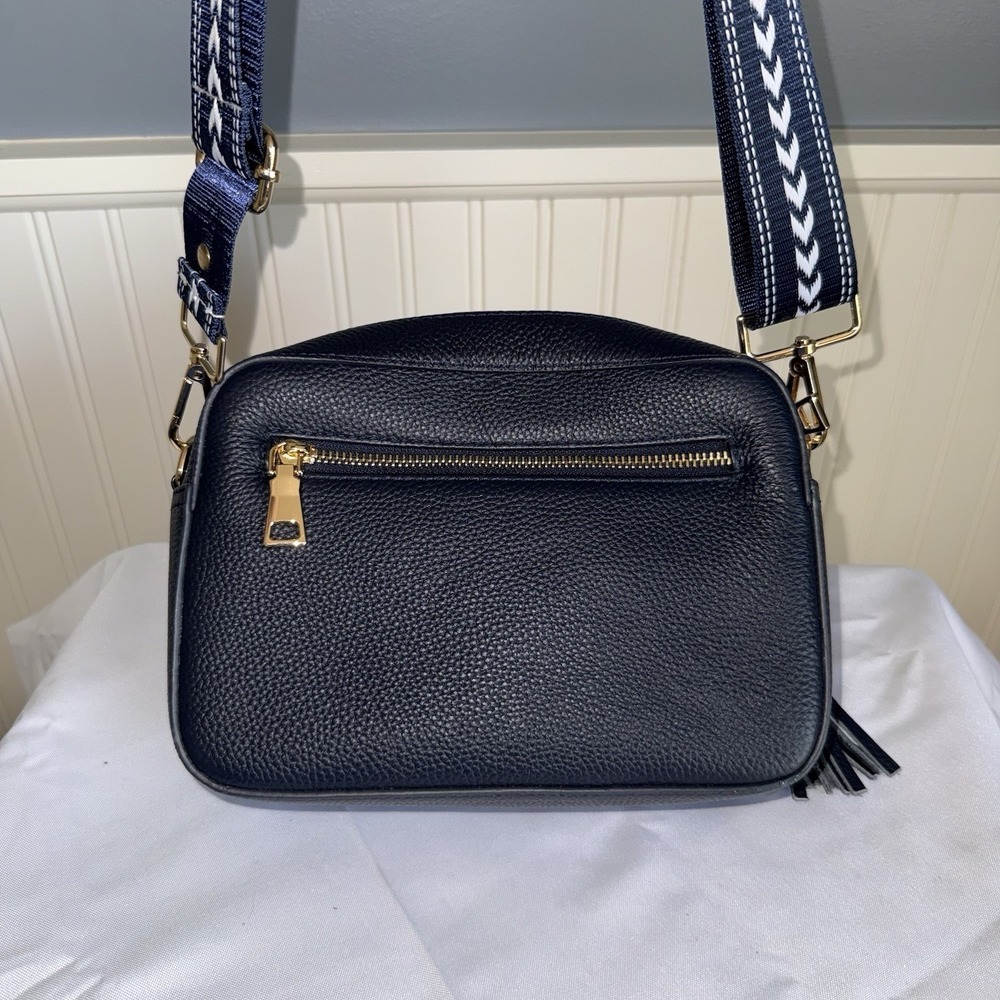 Pom Pom London City Bag Leather Crossbody Bag Purse Charm Navy Blue 3 Straps